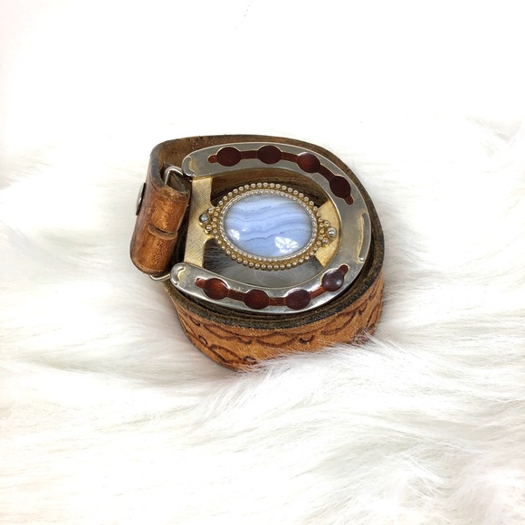 Vintage Tooled-Leather Belt With Agate Buckle 43" - Picture 2 of 6